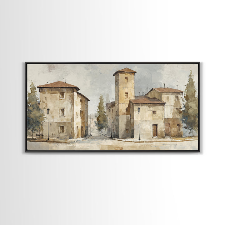 Soft Watercolor Village Street at Dawn Framed Canvas Print, Bed and Breakfast Art, Printable, Living Room Decor, Fine Art, BAB-2x1-25