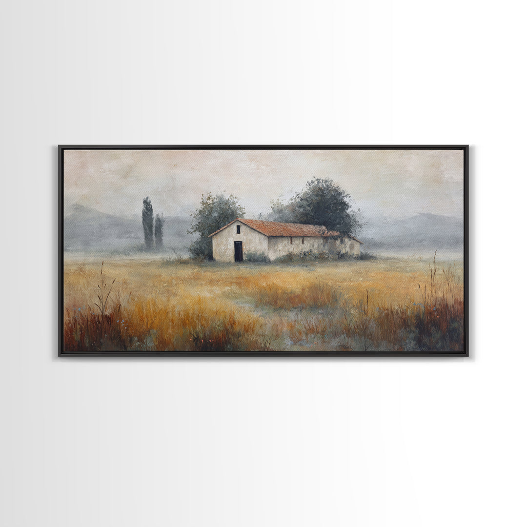 Old Farmhouse Landscape Framed Canvas Print, Bed and Breakfast Art, Boho Decor, Living Room Decor, Fine Art, BAB-2x1-27