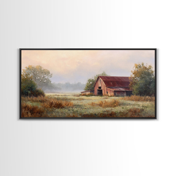 Old Farmhouse Landscape Framed Canvas Print, Bed and Breakfast Art, Wood Wall Art, Living Room Decor, Oil Painting, BAB-2x1-3
