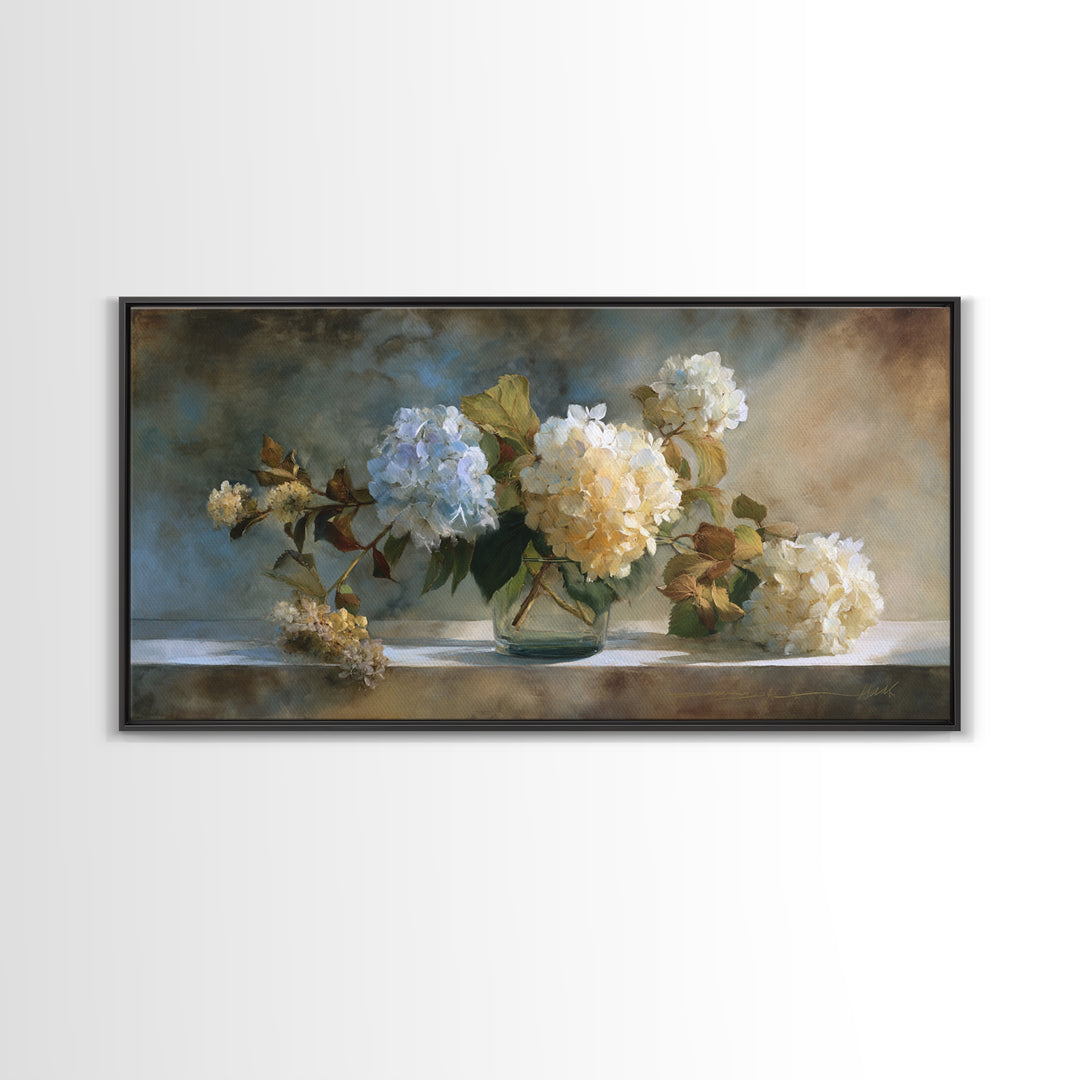 Sunlit Hydrangeas on a Windowsill Framed Canvas Print, Bed and Breakfast Art, Minimalist Decor, Living Room Decor, Fine Art, BAB-2x1-30