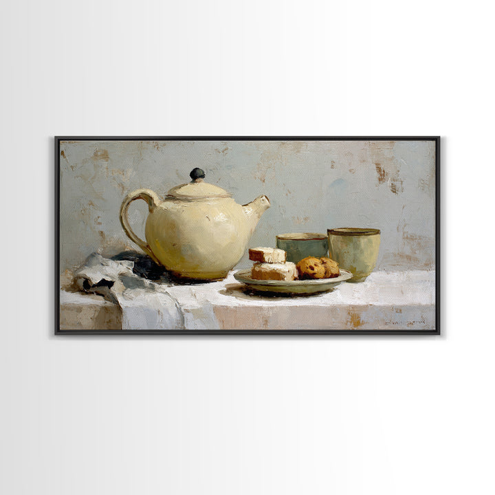 Porcelain Teapot and Scones Canvas Print, Bed and Breakfast Art, Wall Art, Living Room Decor, Oil Painting, Wood Wall Art, BAB-2x1-32