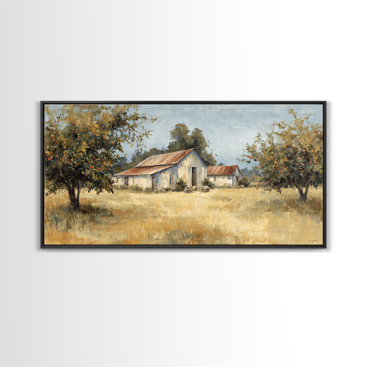 Apple Orchard Scene Framed Canvas Print, Bed and Breakfast Art, Decor, Living Room Decor, Fine Art, Dopamine Decor, BAB-2x1-33