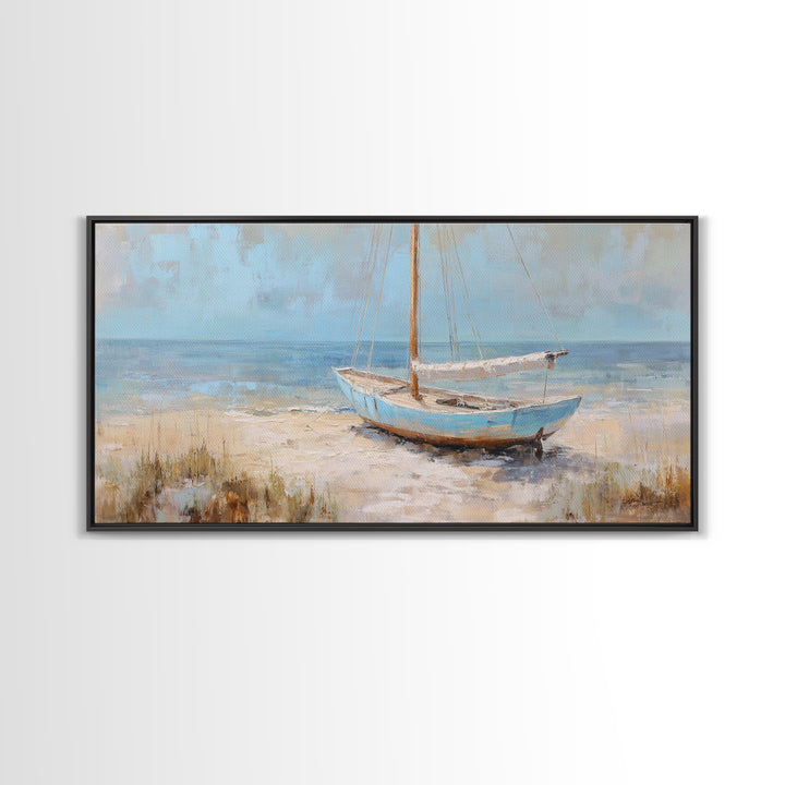 Coastal Inn Sailboat at Sunrise Framed Canvas Print, Bed and Breakfast Art, Print, Living Room Decor, Fine Art, BAB-2x1-37