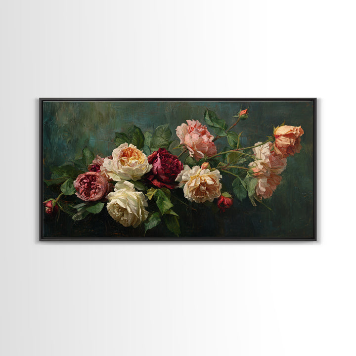 Garden Roses in Romantic Oil Paint Canvas Print, Bed and Breakfast Art, Art Print, Living Room Decor, Fine Art, BAB-2x1-41