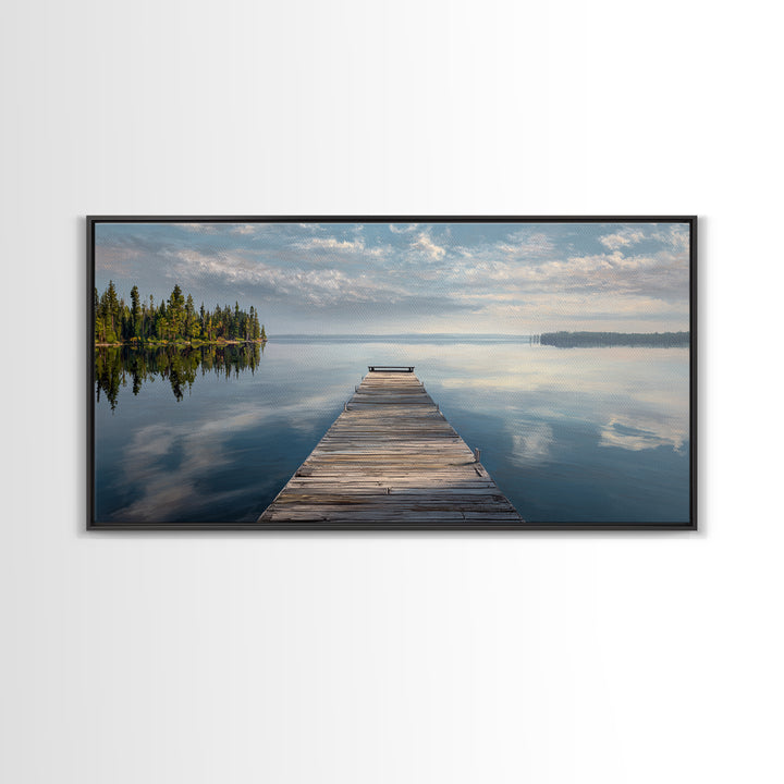 Quiet Lake Dock at Early Morning Framed Canvas Print, Bed and Breakfast Art, Room Decor, Living Room Decor, Fine Art, BAB-2x1-42
