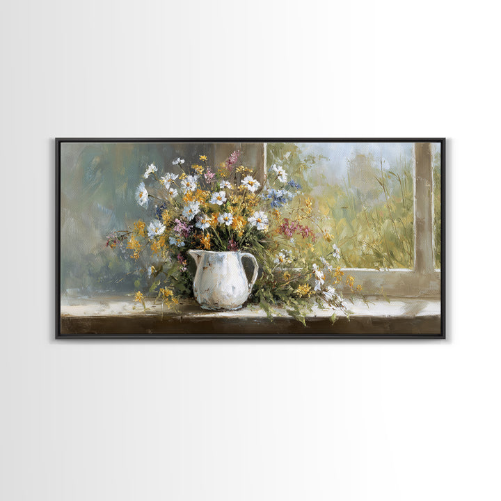 Country Wildflowers in a Chipped Ceramic Pitcher Canvas Print, Bed and Breakfast Art, Wood Wall Art, Living Room Decor, BAB-2x1-45