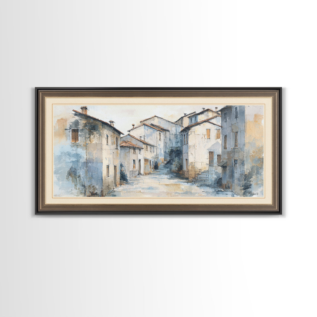 Soft Watercolor Village Street at Dawn Canvas Print, Bed and Breakfast Art, Printable Art, Living Room Decor, Fine Art, BAB-2x1-49