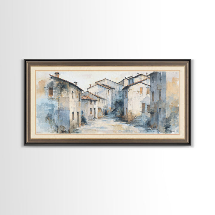 Soft Watercolor Village Street at Dawn Canvas Print, Bed and Breakfast Art, Printable Art, Living Room Decor, Fine Art, BAB-2x1-49
