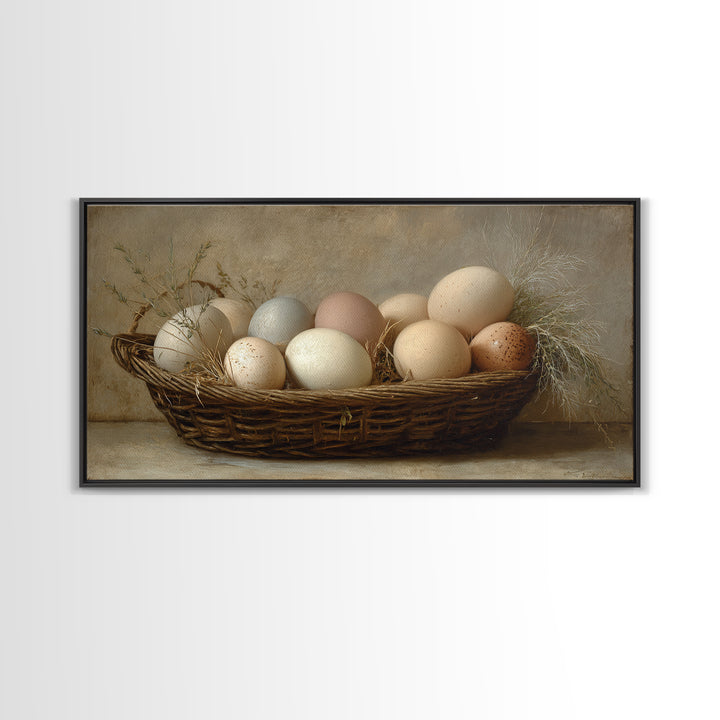 Fresh Eggs in a Woven Basket with Framed Canvas Print, Bed and Breakfast Art, Wall Decor, Living Room Decor, Fine Art, BAB-2x1-50