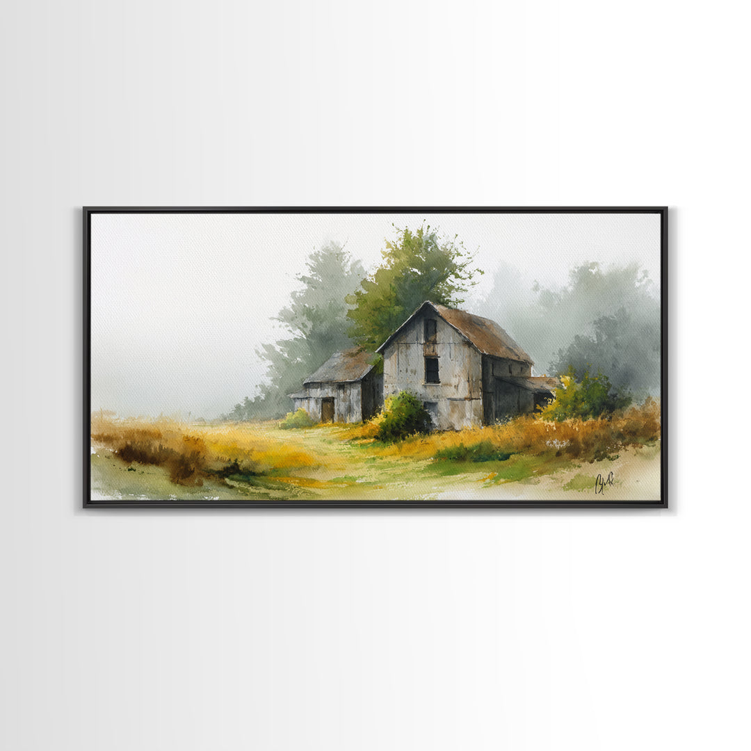 Old Farmhouse Landscape Framed Canvas Print, Bed and Breakfast Art, Living Room Decor, Watercolor Art, Folk Art, BAB-2x1-51