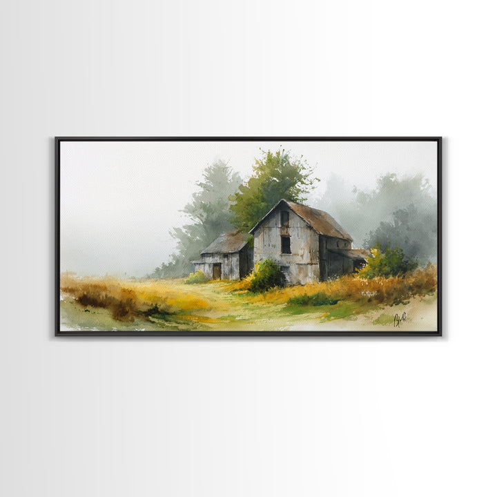 Old Farmhouse Landscape Framed Canvas Print, Bed and Breakfast Art, Living Room Decor, Watercolor Art, Folk Art, BAB-2x1-51