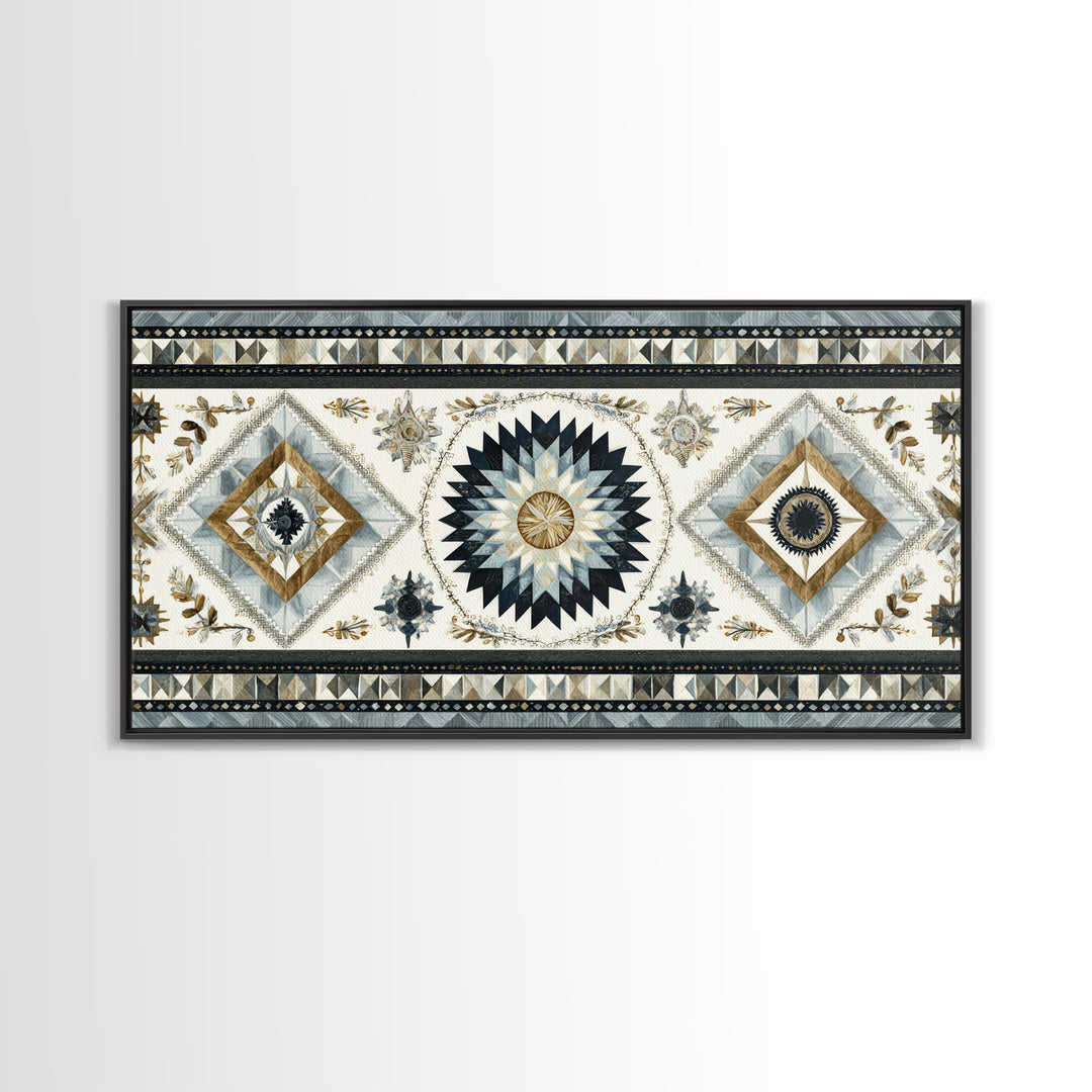 Quilt Pattern Folk Art Composition Framed Canvas Print, Bed and Breakfast Art, Dopamine Decor, Living Room Decor, Fine Art, BAB-2x1-55