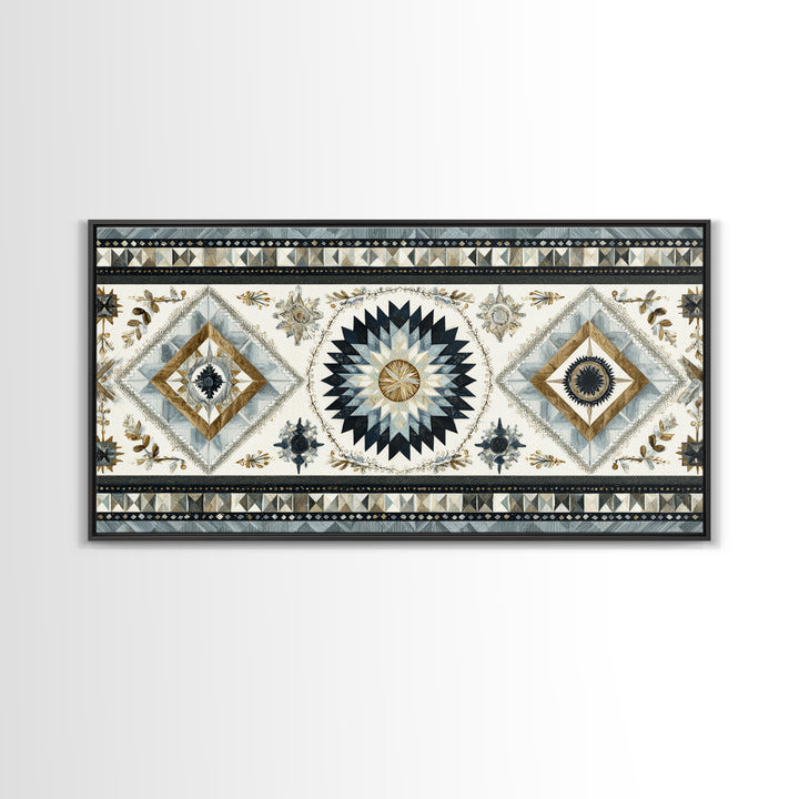 Quilt Pattern Folk Art Composition Framed Canvas Print, Bed and Breakfast Art, Dopamine Decor, Living Room Decor, Fine Art, BAB-2x1-55