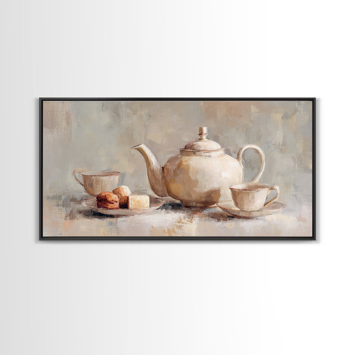 Porcelain Teapot and Scones Framed Canvas Print, Bed and Breakfast Art, Art Print, Living Room Decor, Fine Art, BAB-2x1-56