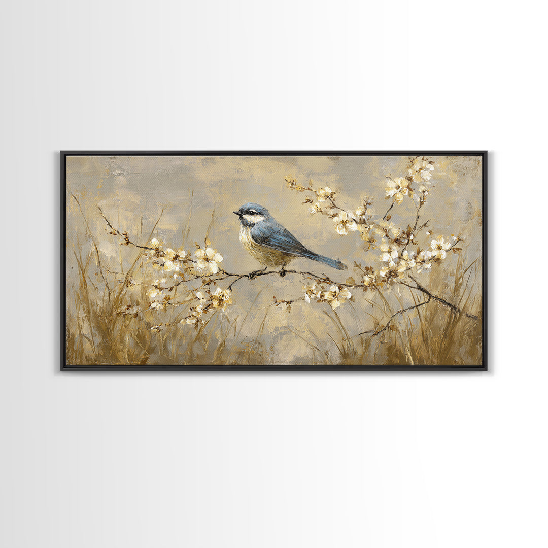 Small Bird on a Flowering Branch Canvas Print, Bed and Breakfast Art, Print, Living Room Decor, Watercolor Art, BAB-2x1-58
