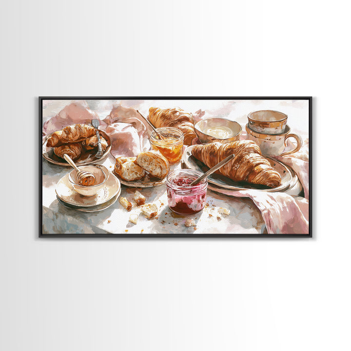 Fresh Croissants and Jam on a Linen Canvas Print, Bed and Breakfast Art, Printable, Living Room Decor, Fine Art, BAB-2x1-70