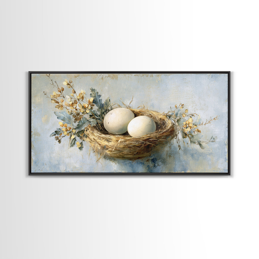 Fresh Eggs in a Woven Basket with Canvas Print, Bed and Breakfast Art, Printable Wall Art, Living Room Decor, Watercolor Art, BAB-2x1-74
