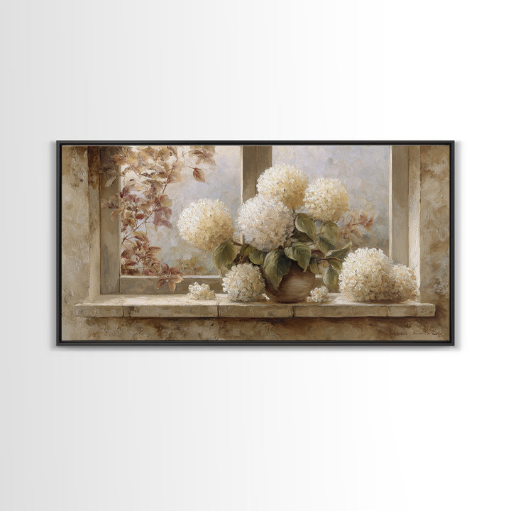 Sunlit Hydrangeas on a Windowsill Canvas Print, Bed and Breakfast Art, Decor, Living Room Decor, Fine Art, Dopamine Decor, BAB-2x1-78
