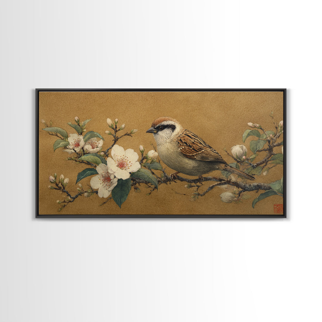 Small Bird on a Flowering Branch Canvas Print, Bed and Breakfast Art, Print, Living Room Decor, Watercolor Art, BAB-2x1-82
