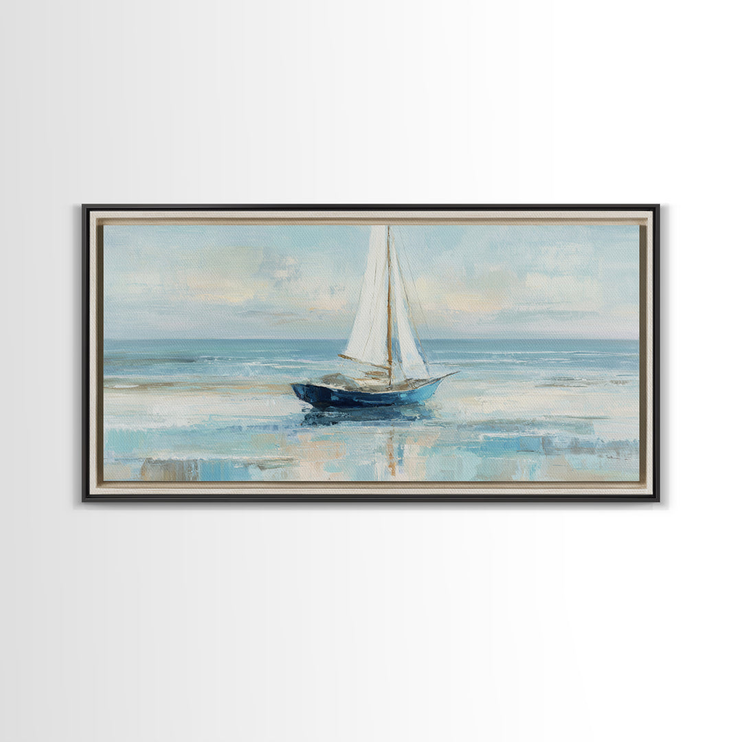 Coastal Inn Sailboat at Sunrise Framed Canvas Print, Bed and Breakfast Art, Dopamine Decor, Living Room Decor, Fine Art, BAB-2x1-85