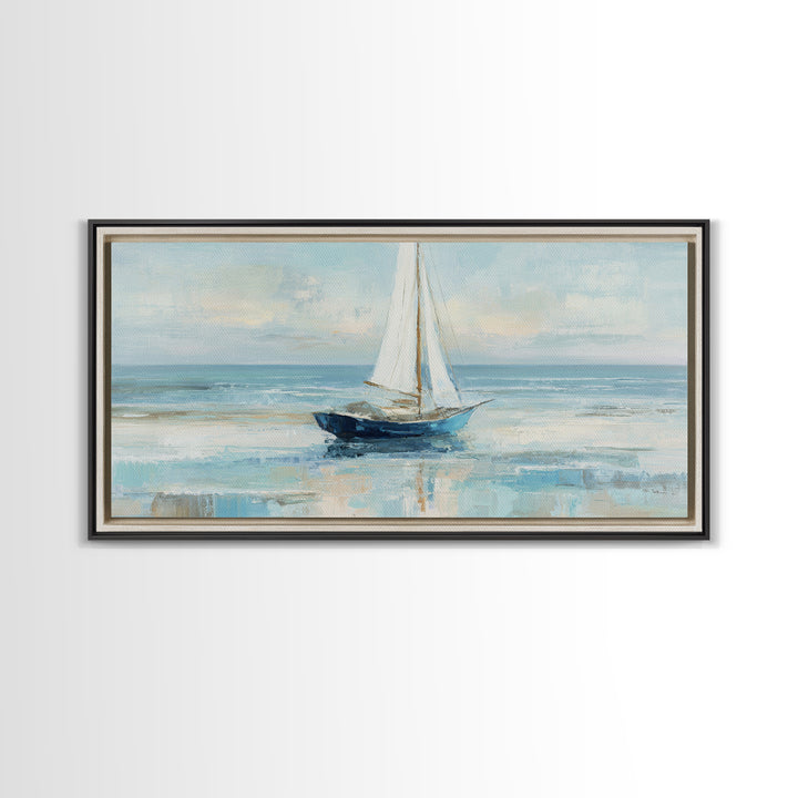 Coastal Inn Sailboat at Sunrise Framed Canvas Print, Bed and Breakfast Art, Dopamine Decor, Living Room Decor, Fine Art, BAB-2x1-85