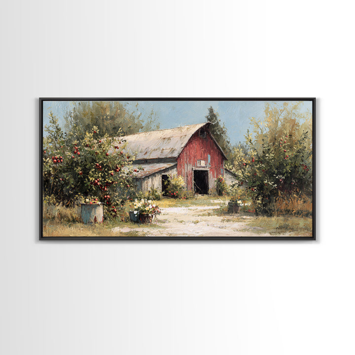Apple Orchard Scene Framed Canvas Print, Bed and Breakfast Art, Decor, Living Room Decor, Fine Art, Dopamine Decor, BAB-2x1-9
