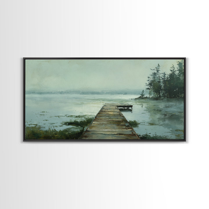 Quiet Lake Dock at Early Morning Framed Canvas Print, Bed and Breakfast Art, Digital Art, Living Room Decor, Fine Art, BAB-2x1-90