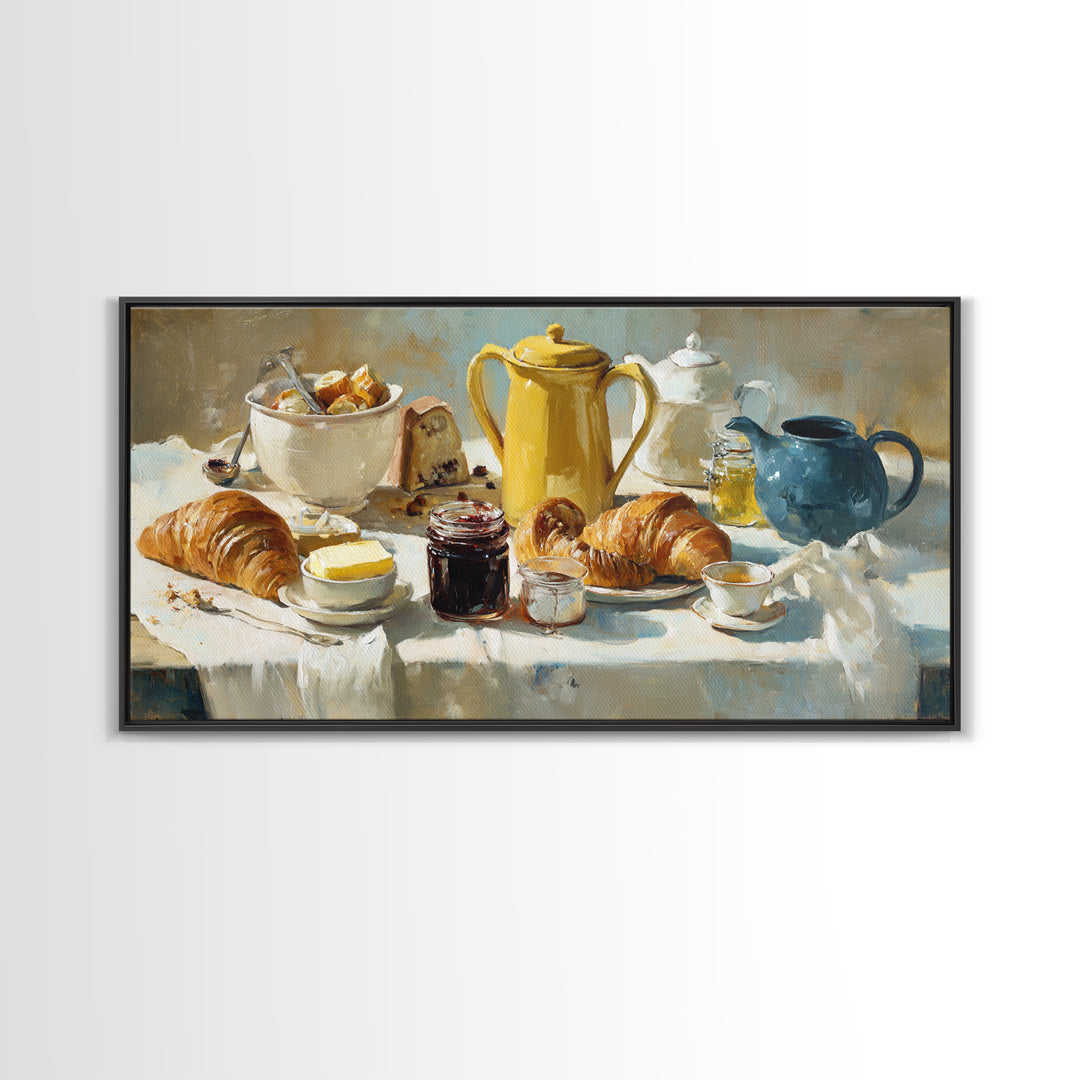 Fresh Croissants and Jam on a Linen Canvas Print, Bed and Breakfast Art, Printable, Living Room Decor, Fine Art, BAB-2x1-94