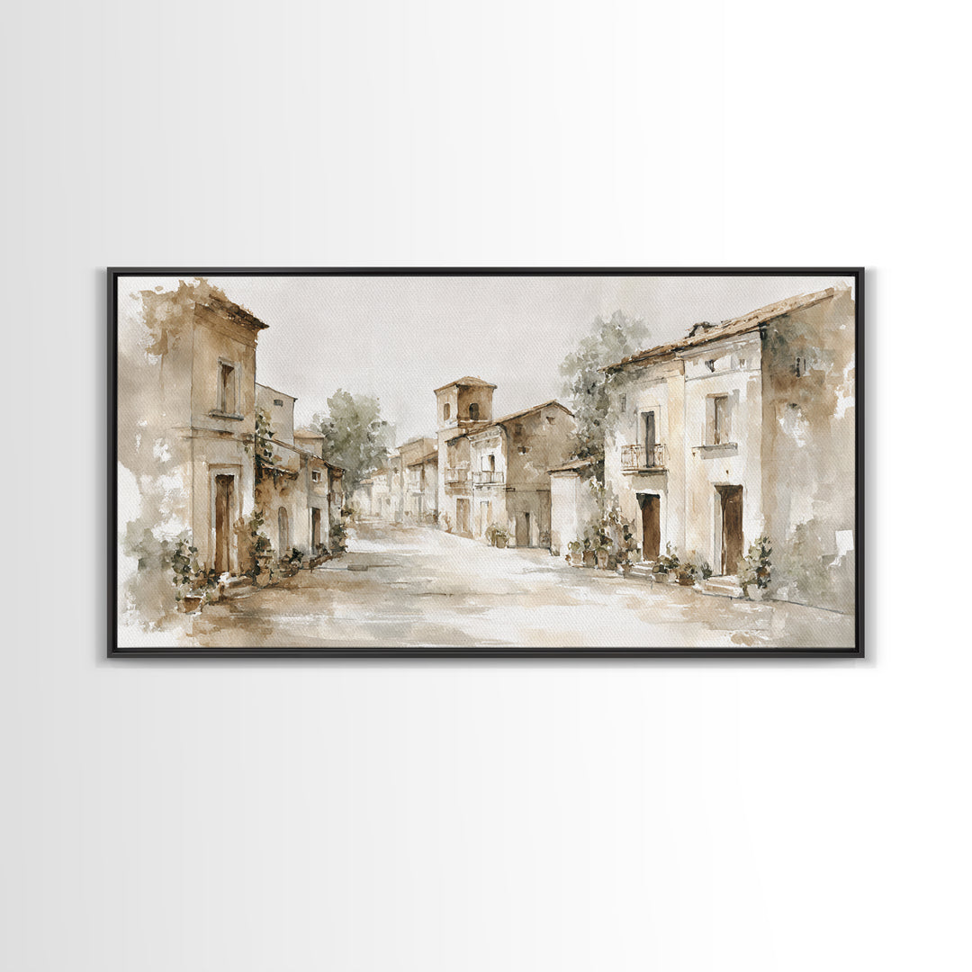 Soft Watercolor Village Street at Dawn Canvas Print, Bed and Breakfast Art, Bedroom Wall Art, Living Room Decor, BAB-2x1-97