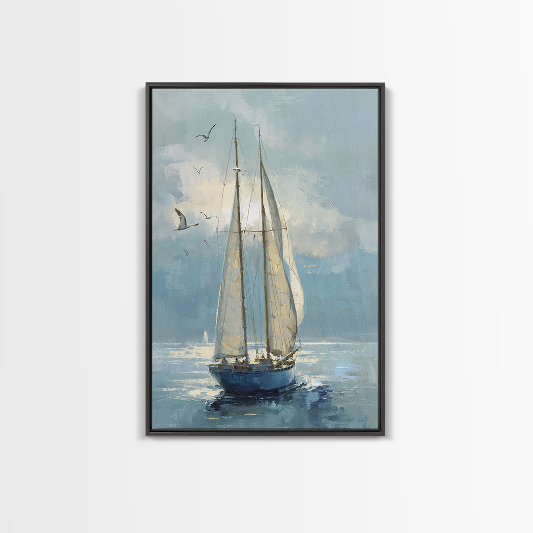 Coastal Inn Sailboat at Sunrise Framed Canvas Print, Bed and Breakfast Art, Printable, Living Room Decor, Fine Art, BAB-2x3-1