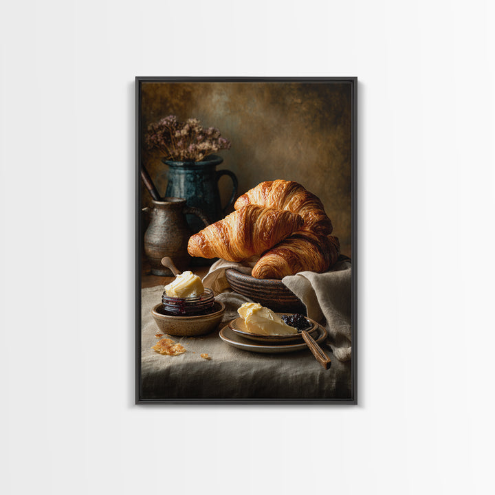 Fresh Croissants and Jam on a Linen Canvas Print, Bed and Breakfast Art, Contemporary Art, Living Room Decor, Abstract Art, BAB-2x3-10