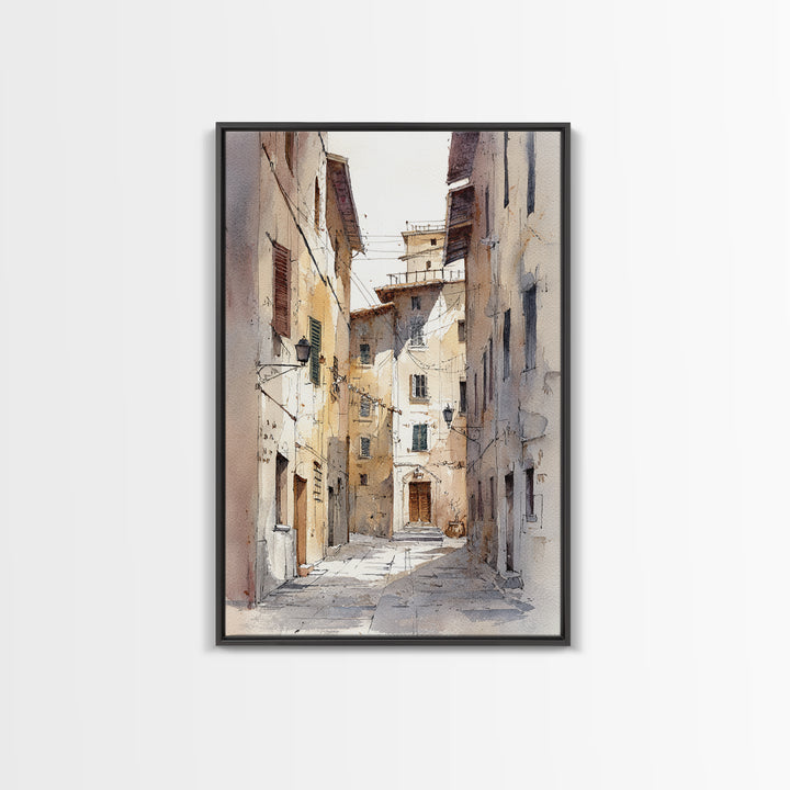 Soft Watercolor Village Street at Dawn Framed Canvas Print, Bed and Breakfast Art, Abstract Art, Living Room Decor, Fine Art, BAB-2x3-13