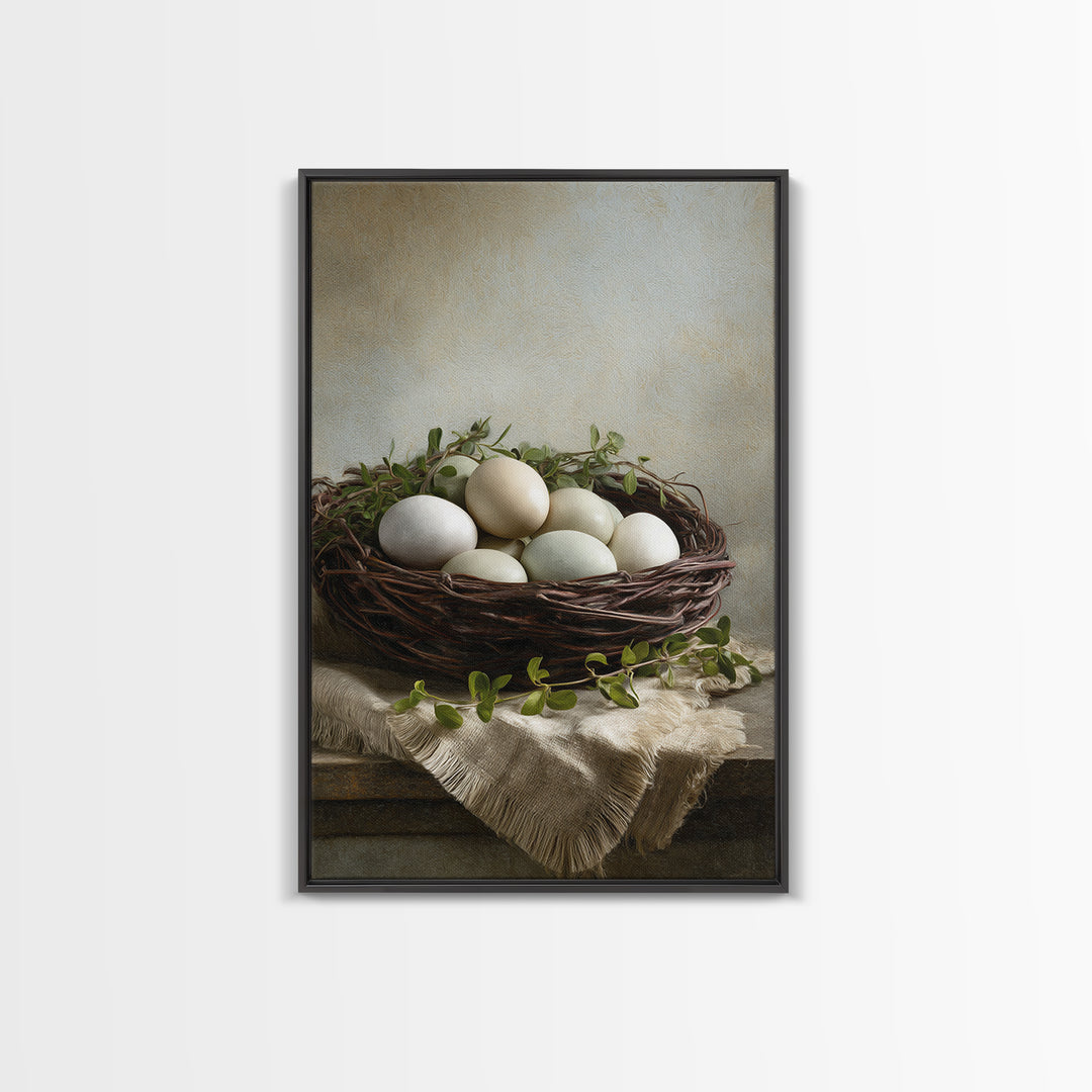 Fresh Eggs in a Woven Basket with Canvas Print, Bed and Breakfast Art, Wall Art, Living Room Decor, Oil Painting, BAB-2x3-14