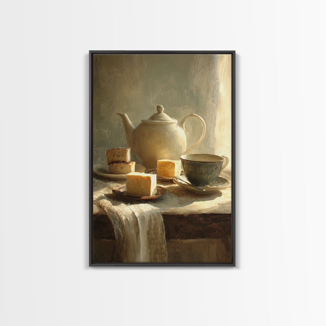 Porcelain Teapot and Scones Framed Canvas Print, Bed and Breakfast Art, Farmhouse Decor, Living Room Decor, Oil Painting, BAB-2x3-20