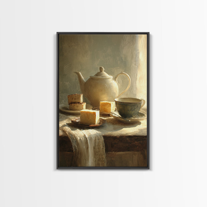 Porcelain Teapot and Scones Framed Canvas Print, Bed and Breakfast Art, Farmhouse Decor, Living Room Decor, Oil Painting, BAB-2x3-20