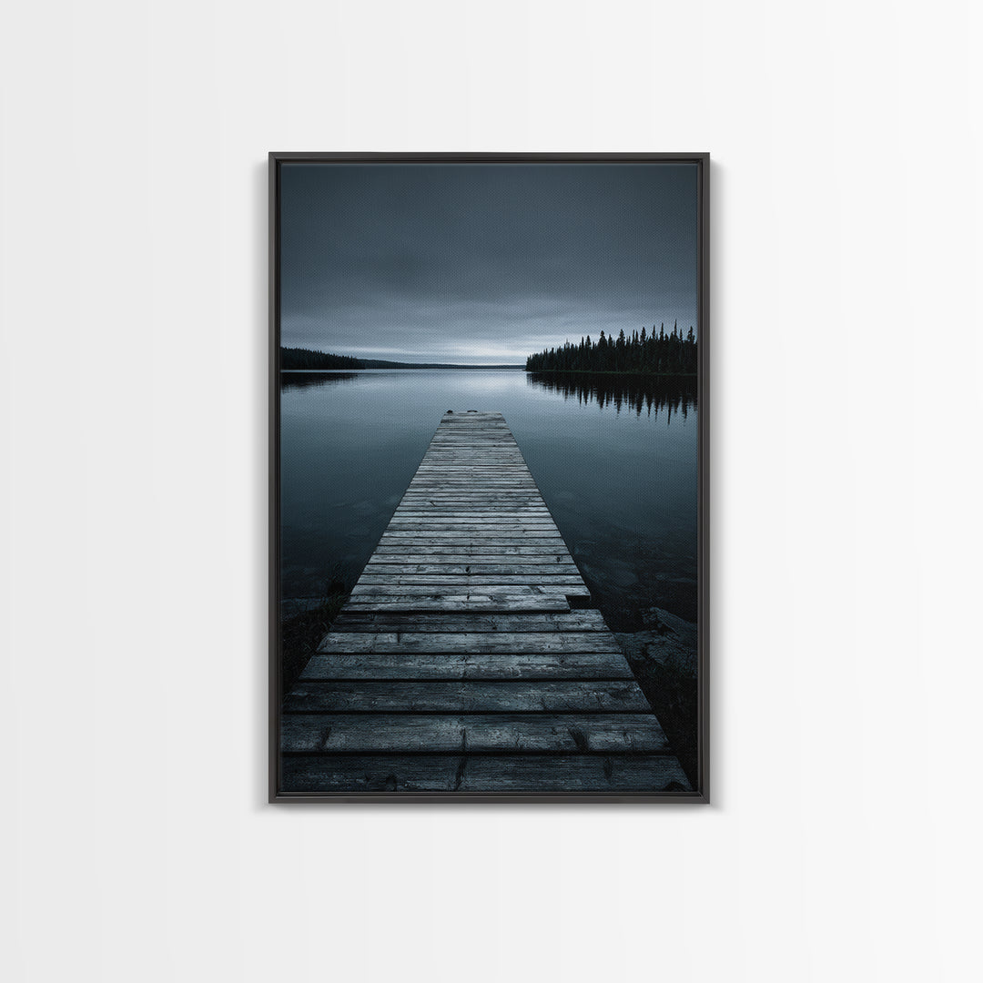 Quiet Lake Dock at Early Morning Framed Canvas Print, Bed and Breakfast Art, Minimalist Decor, Living Room Decor, Oil Painting, BAB-2x3-30