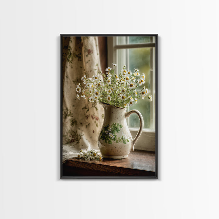 Country Wildflowers in a Chipped Ceramic Pitcher Framed Canvas Print, Bed and Breakfast Art, Living Room Decor, Fine Art, BAB-2x3-33