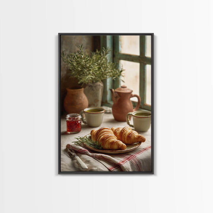 Fresh Croissants and Jam on a Linen Framed Canvas Print, Bed and Breakfast Art, Print, Living Room Decor, Abstract Art, BAB-2x3-34