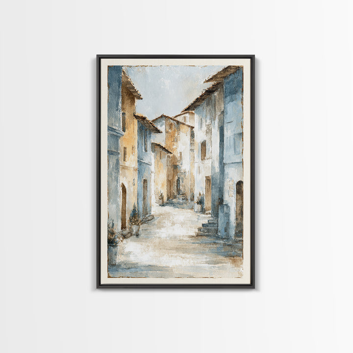 Soft Watercolor Village Street at Dawn Framed Canvas Print, Bed and Breakfast Art, Abstract Art, Living Room Decor, Fine Art, BAB-2x3-37