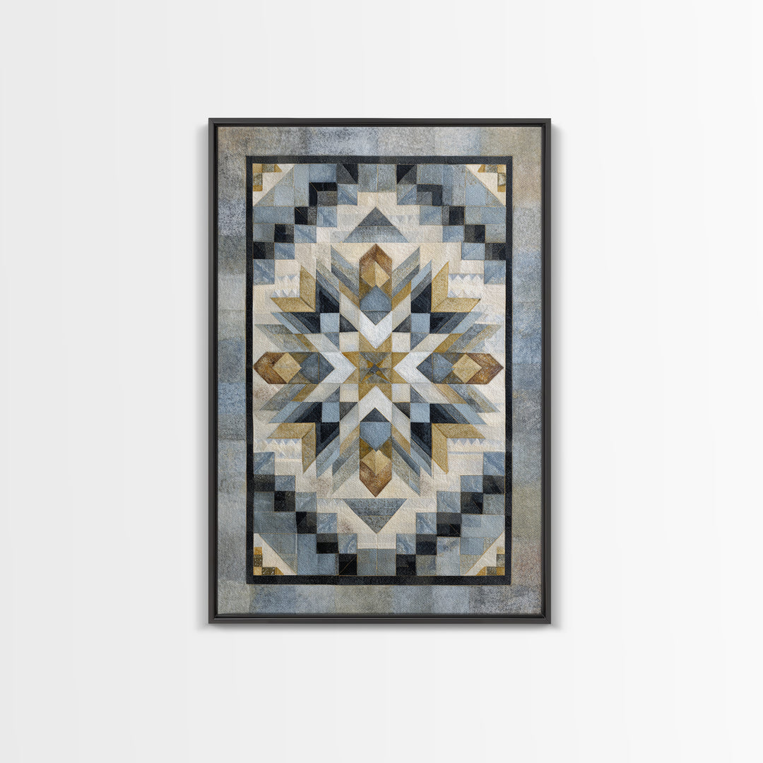 Quilt Pattern Folk Art Composition Framed Canvas Print, Bed and Breakfast Art, Abstract Art, Living Room Decor, Fine Art, BAB-2x3-43