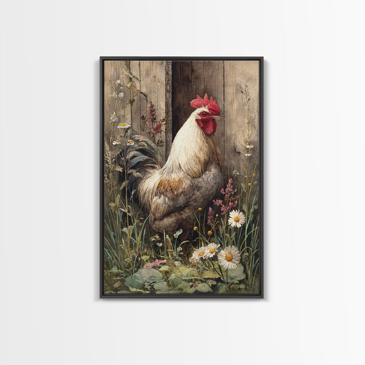 Rooster and Wildflower Country Portrait Framed Canvas Print, Bed and Breakfast Art, Digital Art, Living Room Decor, Fine Art, BAB-2x3-51