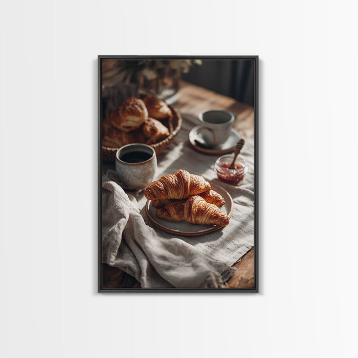 Fresh Croissants and Jam on a Linen Canvas Print, Bed and Breakfast Art, Abstract Art, Living Room Decor, Coffee Art, BAB-2x3-58