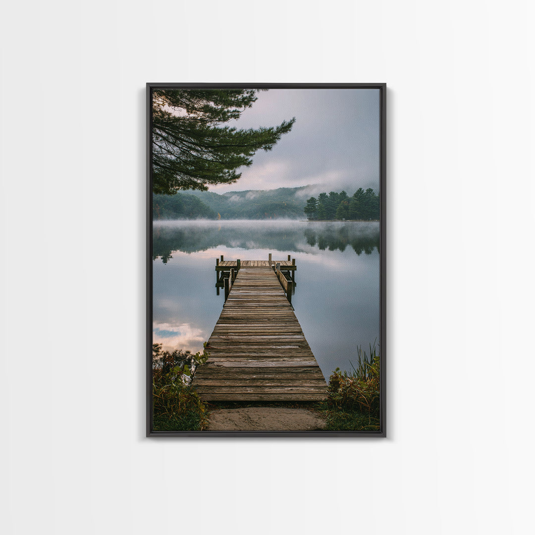 Quiet Lake Dock at Early Morning Framed Canvas Print, Bed and Breakfast Art, Minimalist Decor, Living Room Decor, Oil Painting, BAB-2x3-6