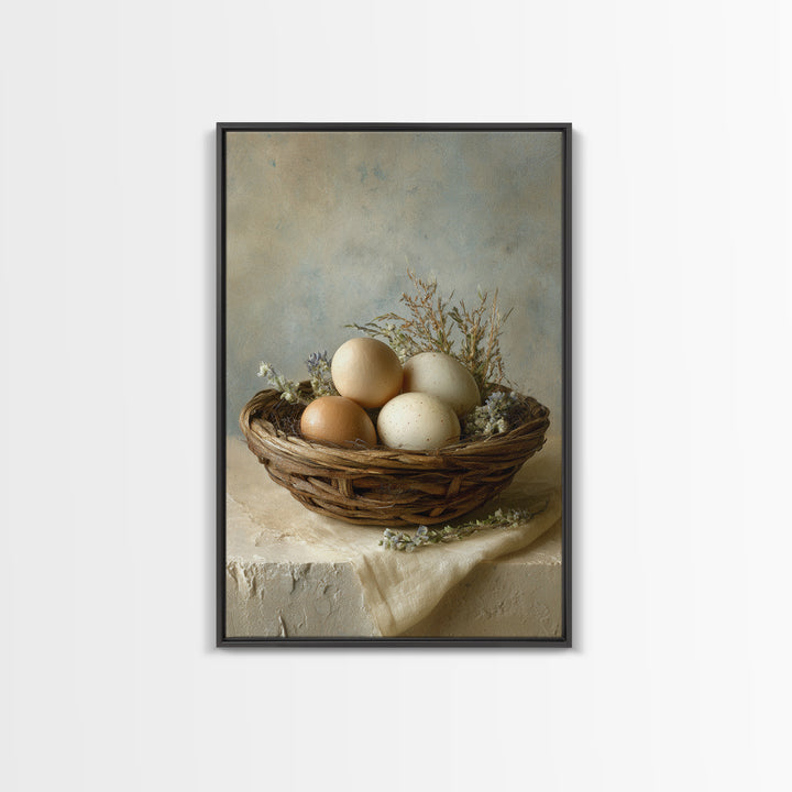 Fresh Eggs in a Woven Basket with Canvas Print, Bed and Breakfast Art, Bedroom Decor, Living Room Decor, Abstract Art, BAB-2x3-62