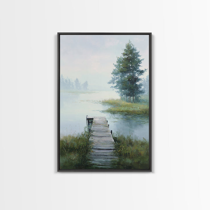 Quiet Lake Dock at Early Morning Framed Canvas Print, Bed and Breakfast Art, Canvas Wall Art, Living Room Decor, Fine Art, BAB-2x3-78