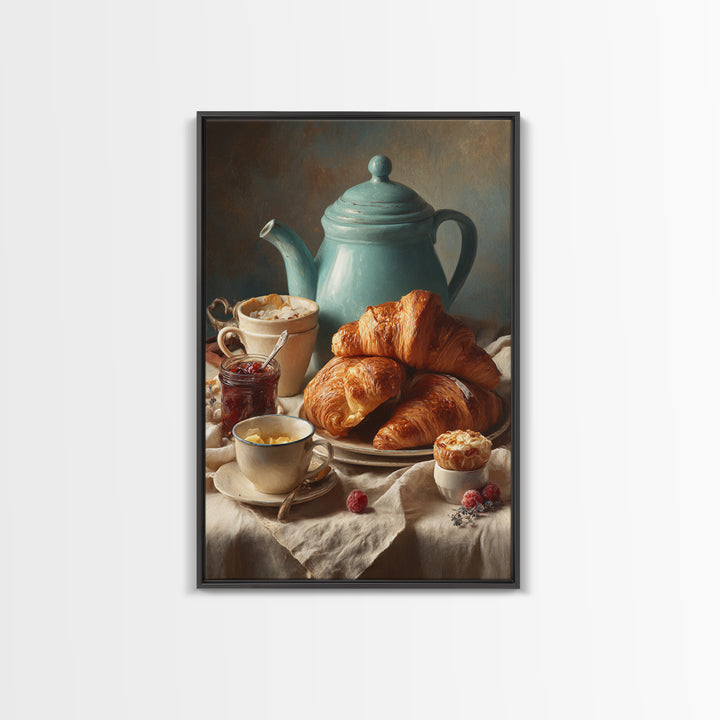 Fresh Croissants and Jam on a Linen Canvas Print, Bed and Breakfast Art, Abstract Art, Living Room Decor, Coffee Art, BAB-2x3-82