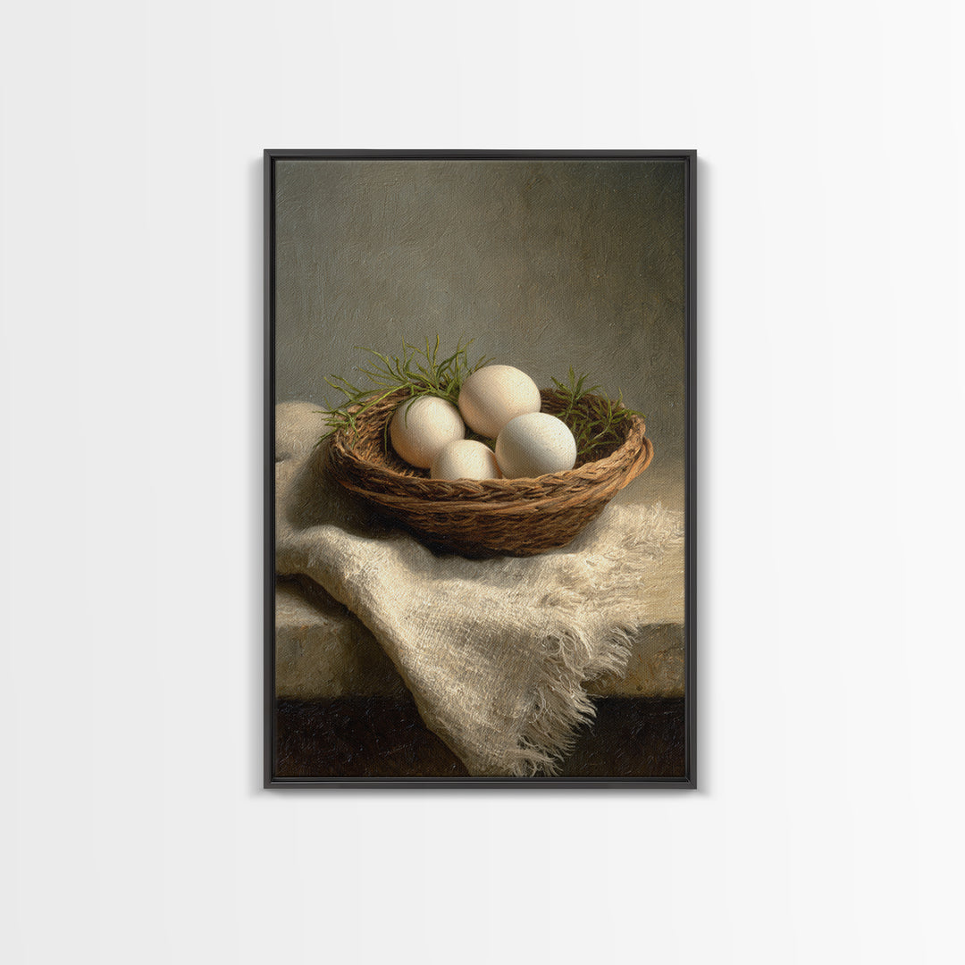 Fresh Eggs in a Woven Basket with Canvas Print, Bed and Breakfast Art, Bedroom Decor, Living Room Decor, Abstract Art, BAB-2x3-86