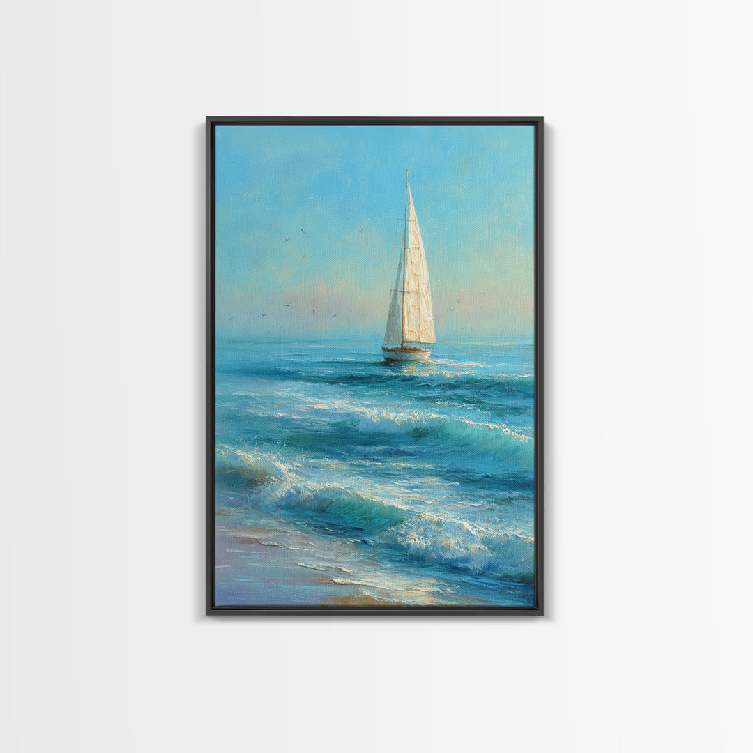 Coastal Inn Sailboat at Sunrise Framed Canvas Print, Bed and Breakfast Art, Bedroom Wall Art, Living Room Decor, Fine Art, BAB-2x3-97