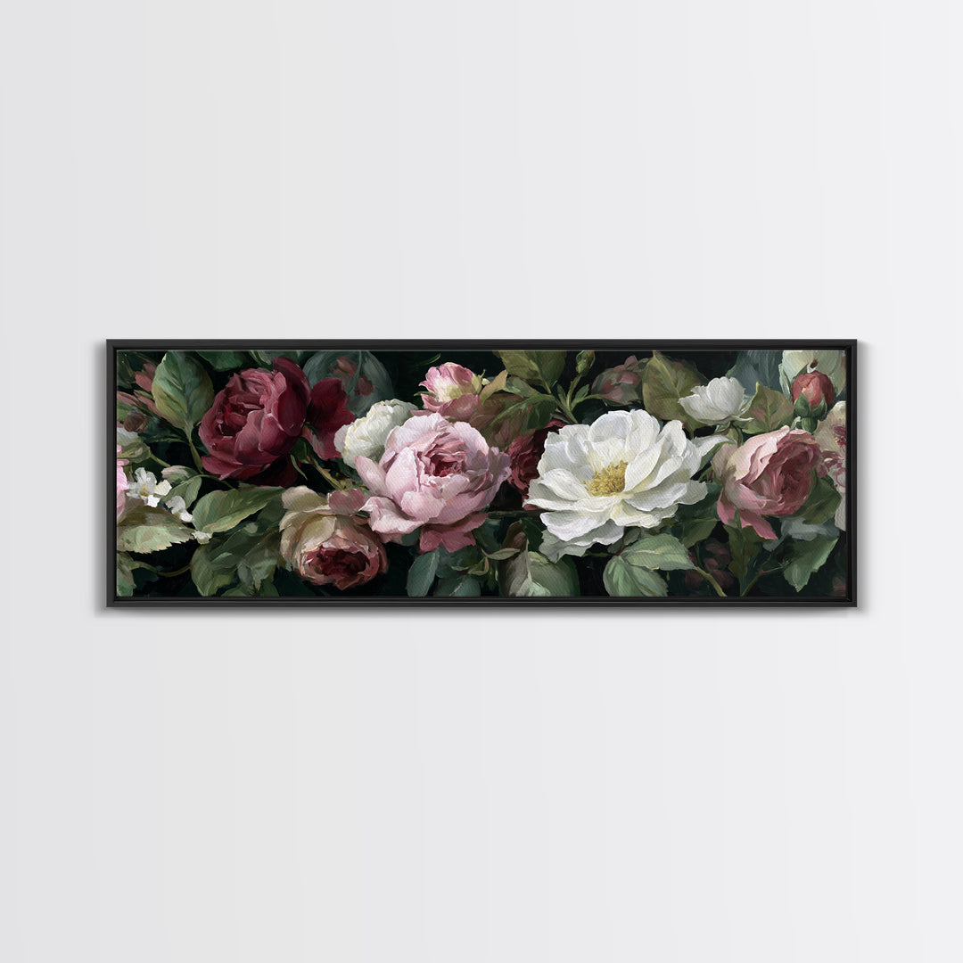 Garden Roses in Romantic Oil Paint Canvas Print, Bed and Breakfast Art, Bed, Living Room Decor, Oil Painting, BAB-3x1-13