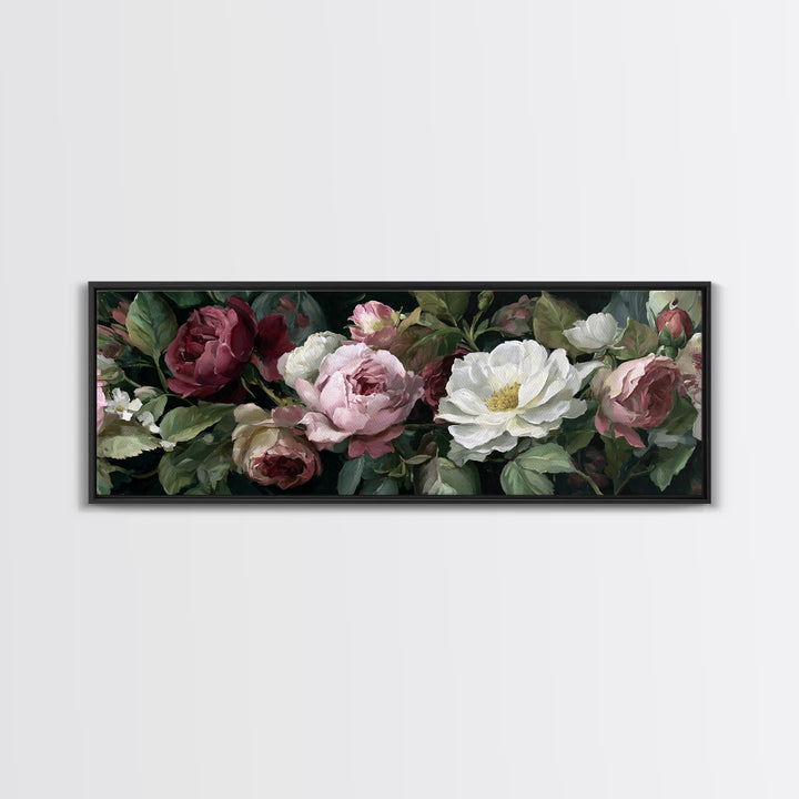 Garden Roses in Romantic Oil Paint Canvas Print, Bed and Breakfast Art, Bed, Living Room Decor, Oil Painting, BAB-3x1-13